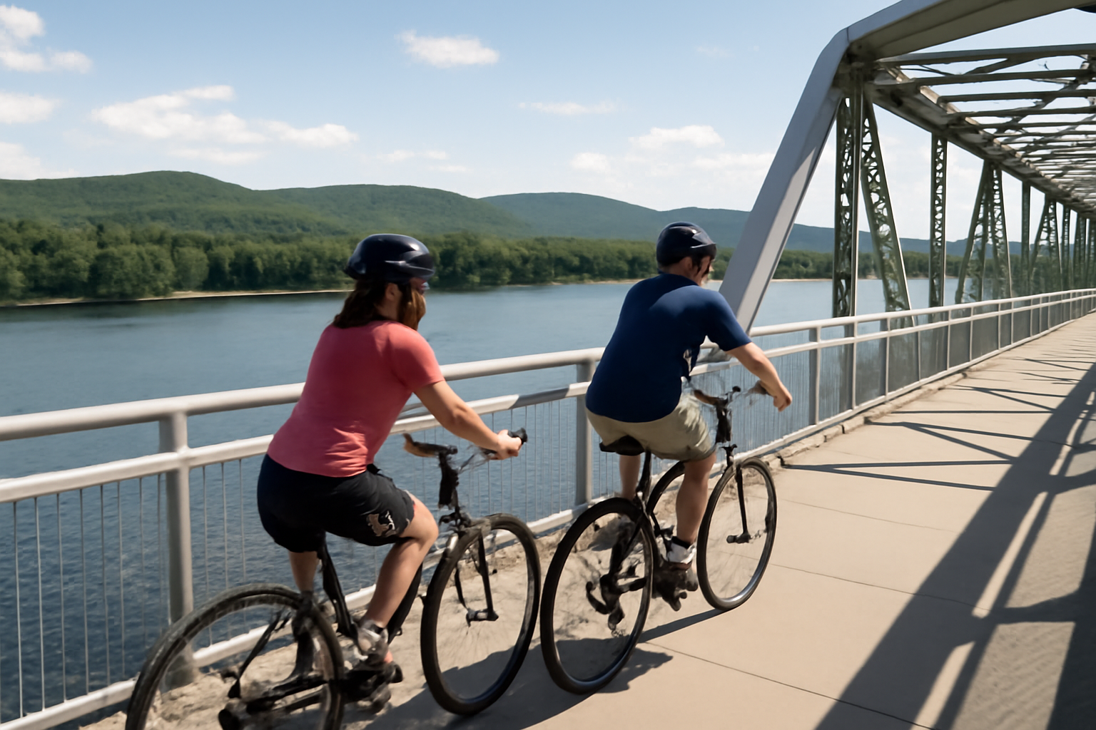 Cyclists crossing a dedicated pedestrian and cycling bridge over the Ottawa River toward Gatineau
