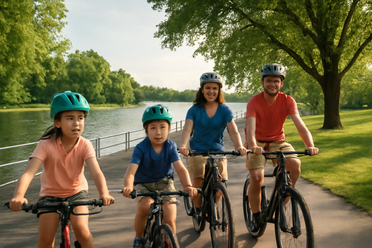 A family with children riding bicycles on the wide paved pathway beside Dow's Lake in Ottawa