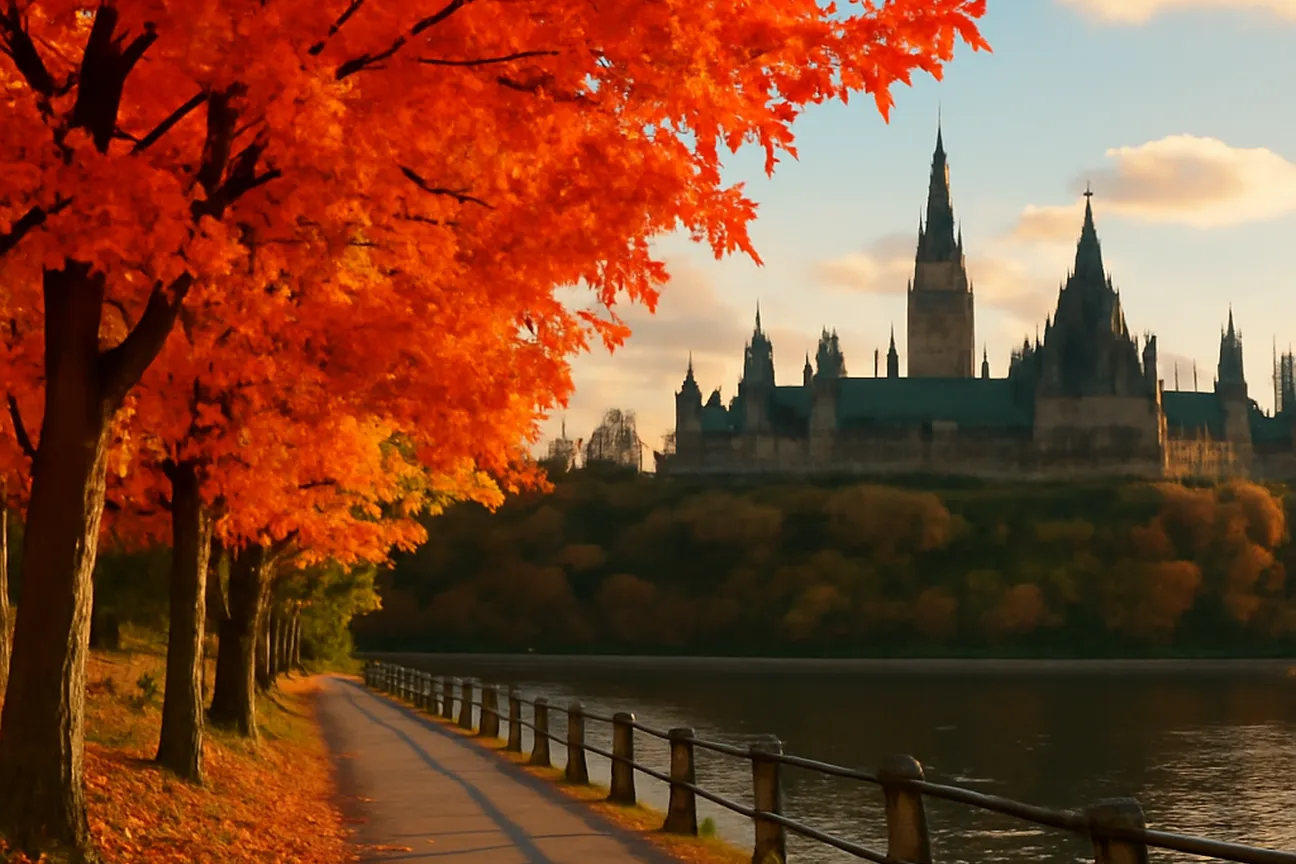 Autumn maple foliage along the Ottawa River with Parliament Hill in the background