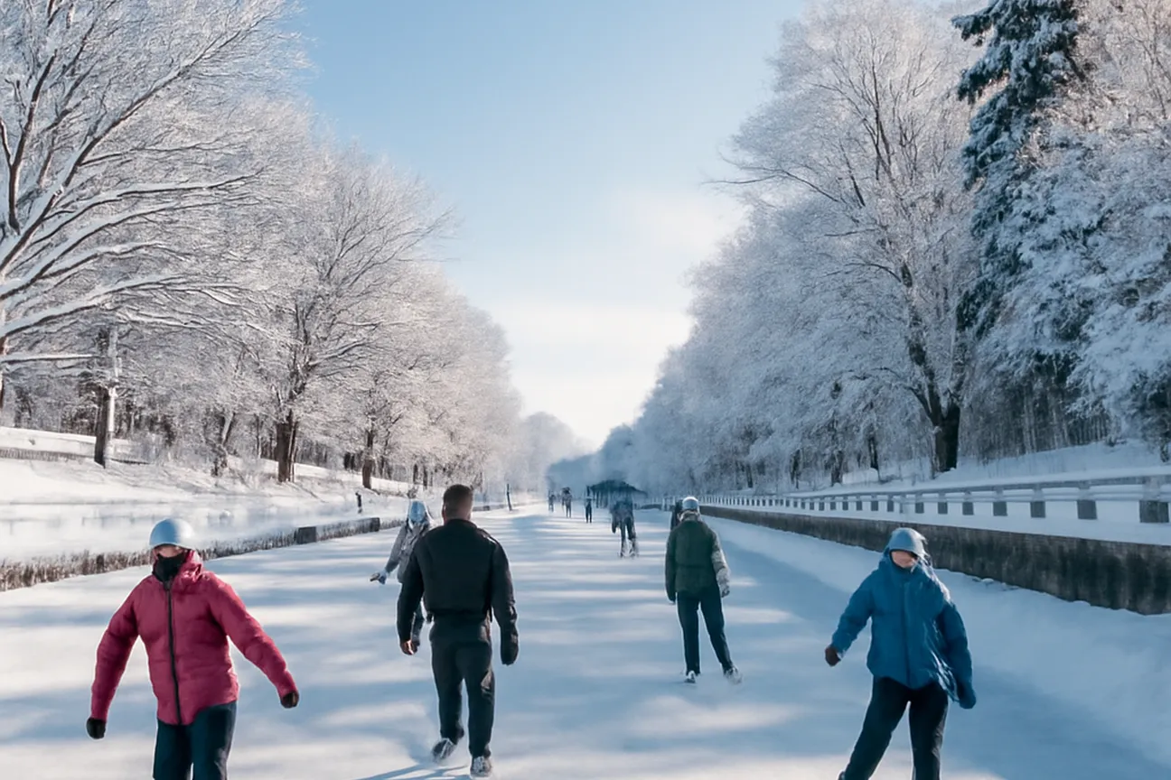 Skaters on the frozen Rideau Canal Skateway during a bright winter afternoon