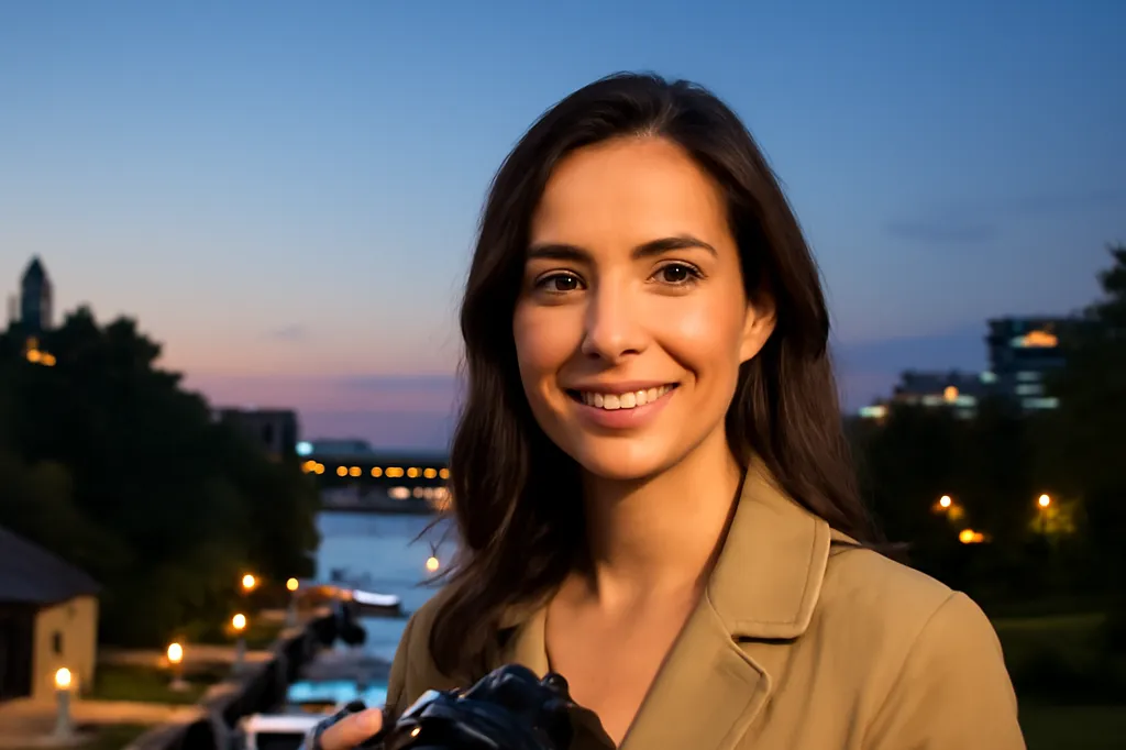 A photographer holding a camera at the Rideau Canal locks at blue hour with city lights reflecting in the water