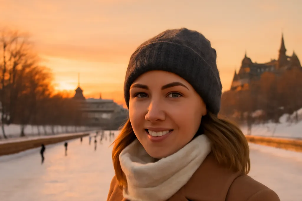 A photographer bundled in winter clothing photographing the Rideau Canal Skateway at sunset