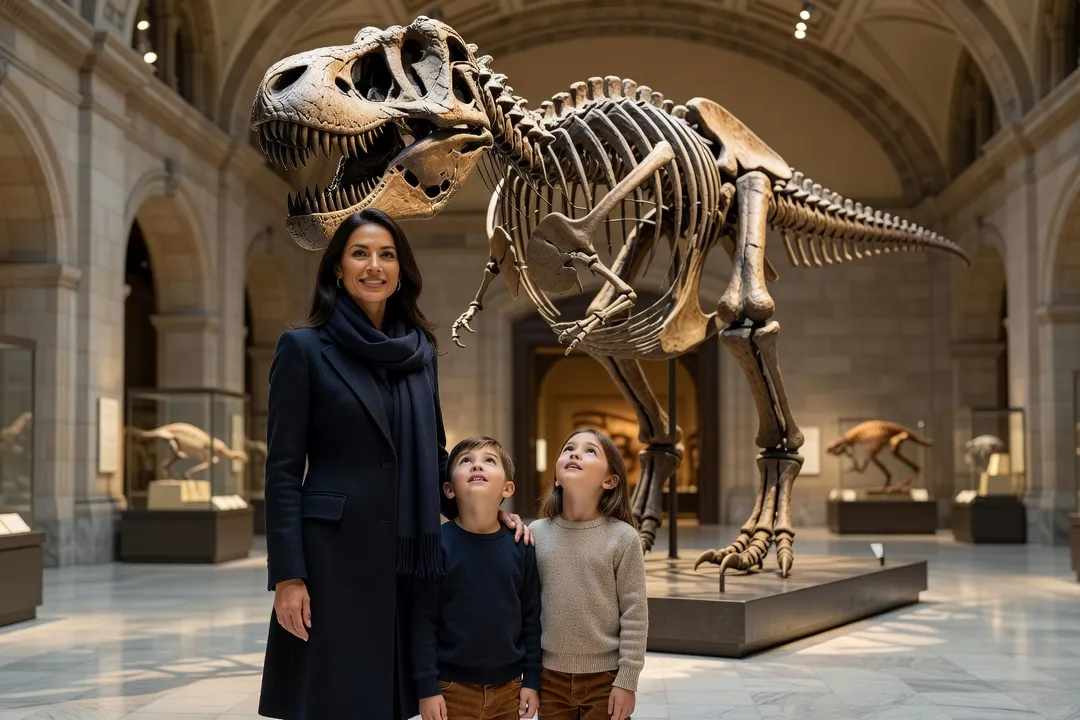 A mother and her two children looking up in wonder at a dinosaur skeleton display in an Ottawa museum