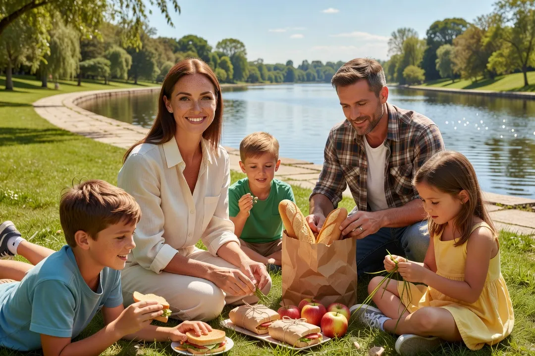 A family of five having a picnic lunch together on the grass beside a canal in Ottawa
