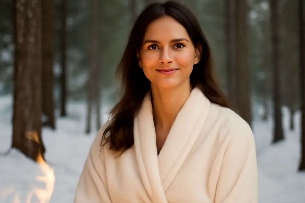 A woman wrapped in a spa robe relaxing by an outdoor fire at a Nordic spa near Ottawa