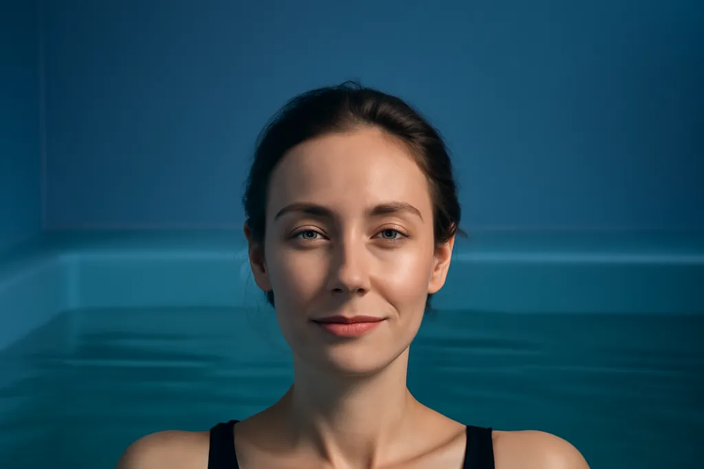 A woman floating peacefully in a calm indoor saltwater float pool with soft blue lighting