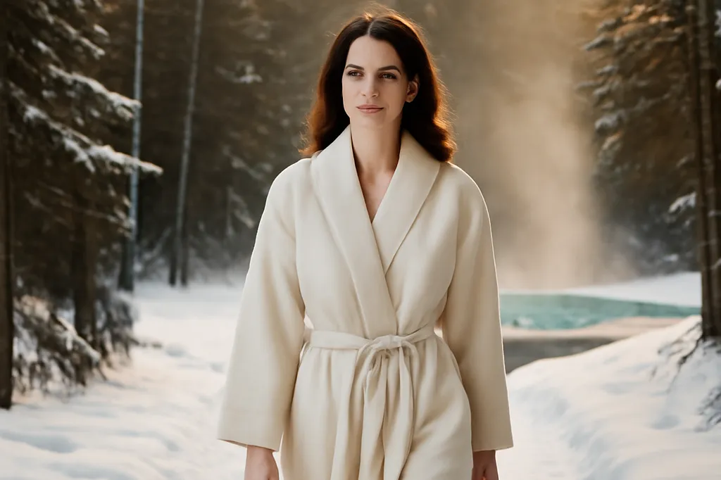 A woman in a spa robe walking along a snowy forest path toward a steaming outdoor thermal pool