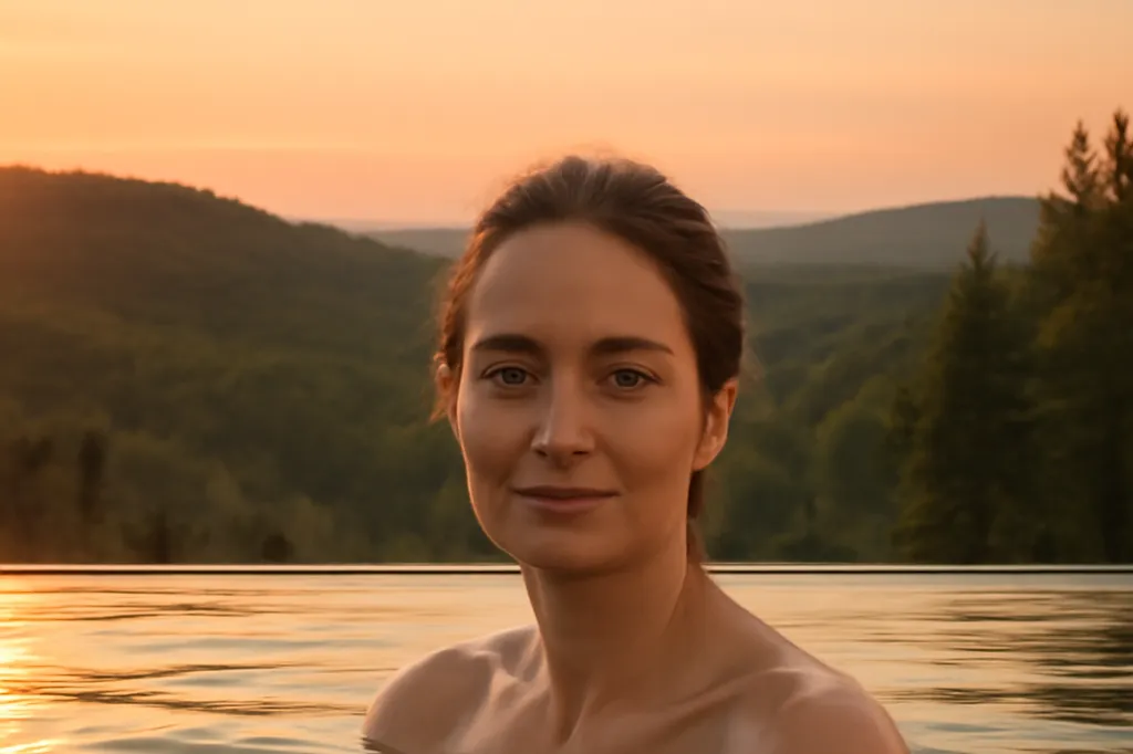 A woman relaxing in an infinity pool overlooking forested hills near Ottawa at sunset
