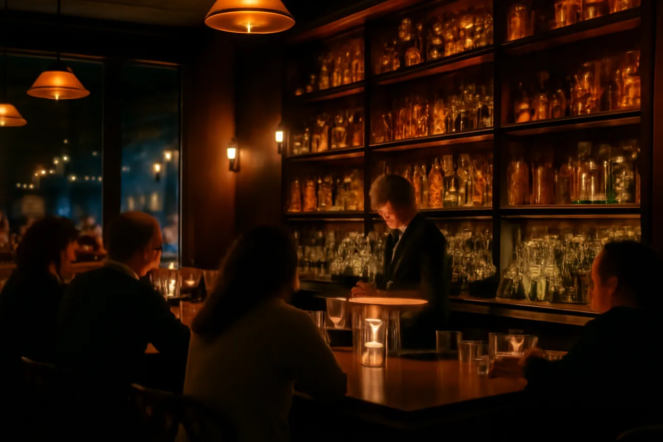 A cozy cocktail bar in the ByWard Market district after dark