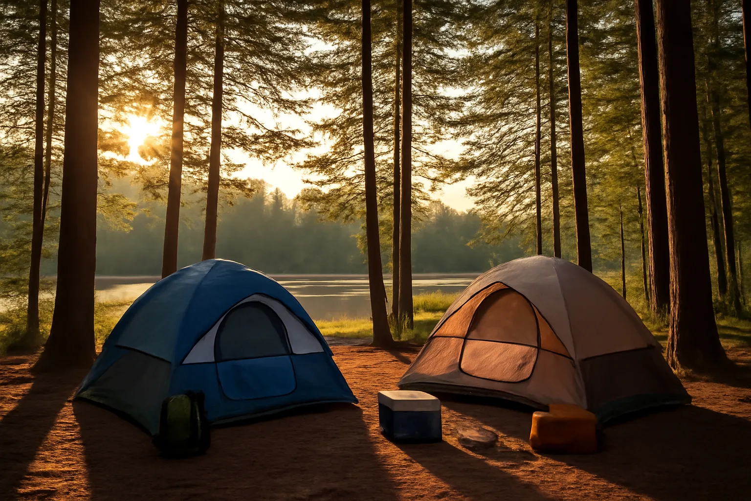 Camping tents set up among tall pine trees at a lakeside site near Ottawa