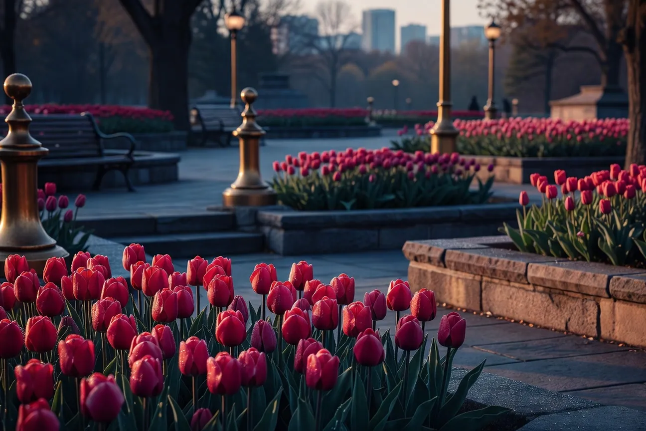 Rows of red and yellow tulips in bloom near Commissioners Park beside Dow’s Lake