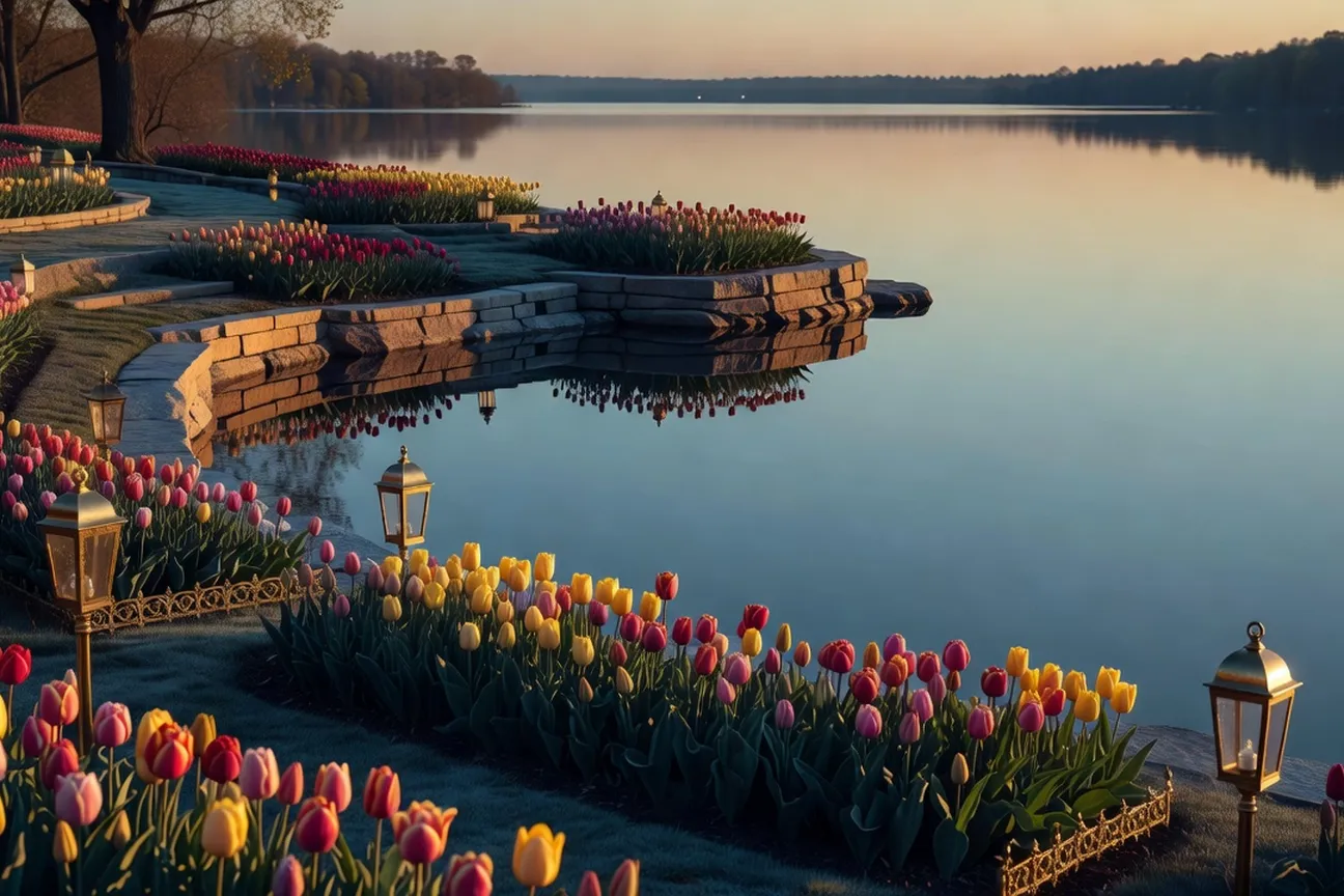 Visitors photographing tulip beds along the Rideau Canal during the festival