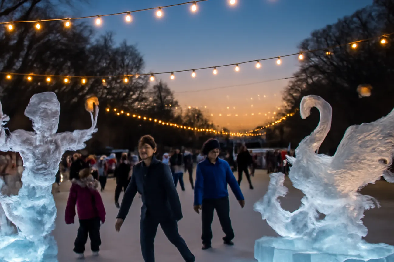 Ice sculptures and skaters on the Rideau Canal during Winterlude at dusk