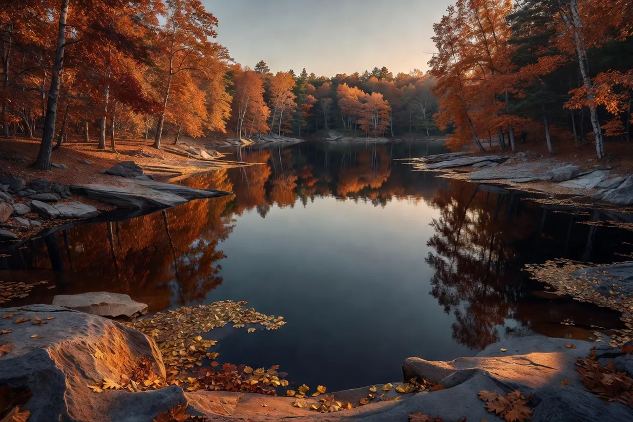 Champlain Lookout in Gatineau Park with red and orange fall foliage across the valley