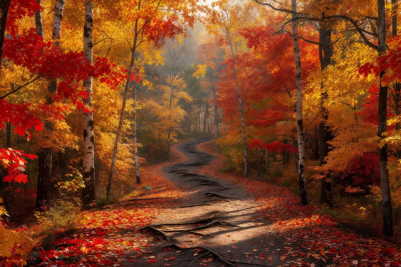 A forest hiking trail through Gatineau Park during peak autumn colour