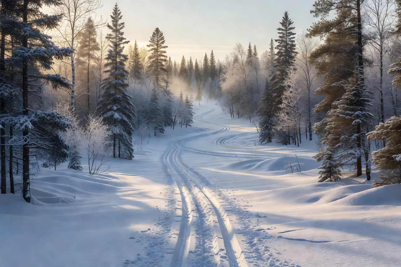 Cross-country ski tracks through the snow-covered forest of Gatineau Park