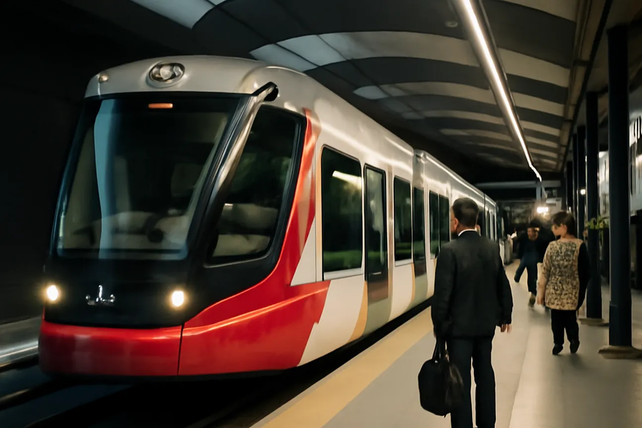 A Confederation Line light rail train arriving at an Ottawa station platform