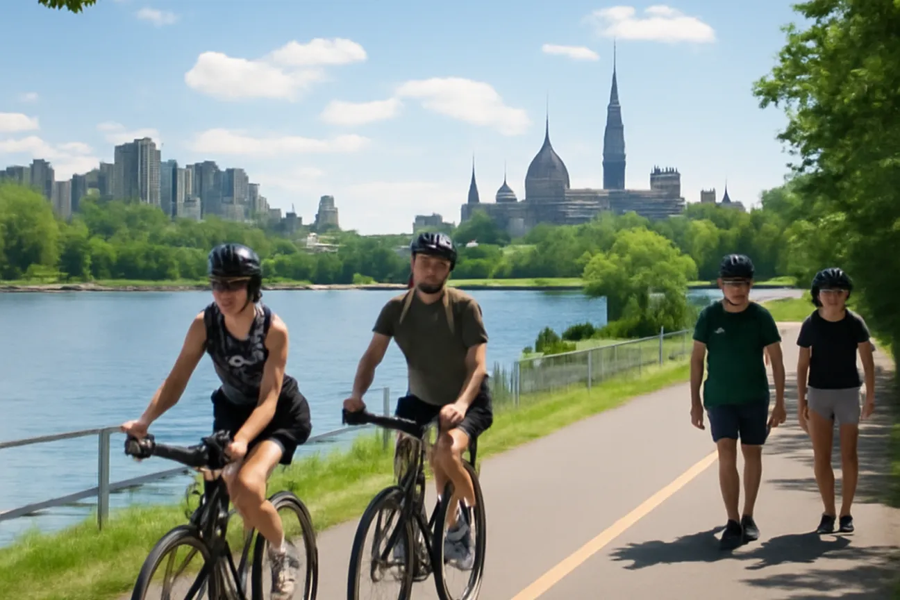 Cyclists sharing a riverside pathway along the Ottawa River in summer