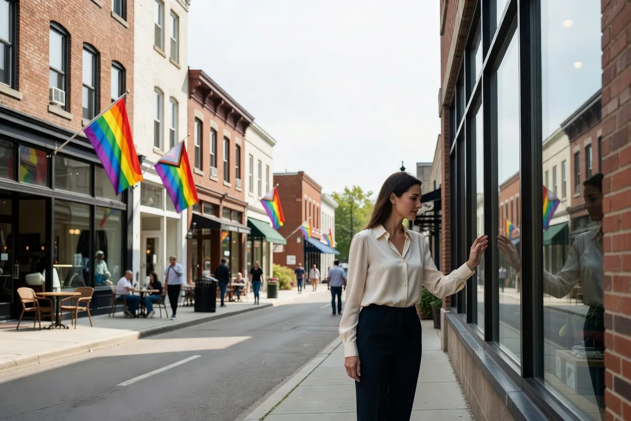 Bank Street storefronts in Ottawa’s Village district decorated with rainbow flags