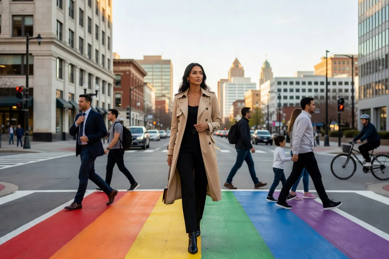 Rainbow crosswalk painted at an Ottawa intersection with pedestrians crossing
