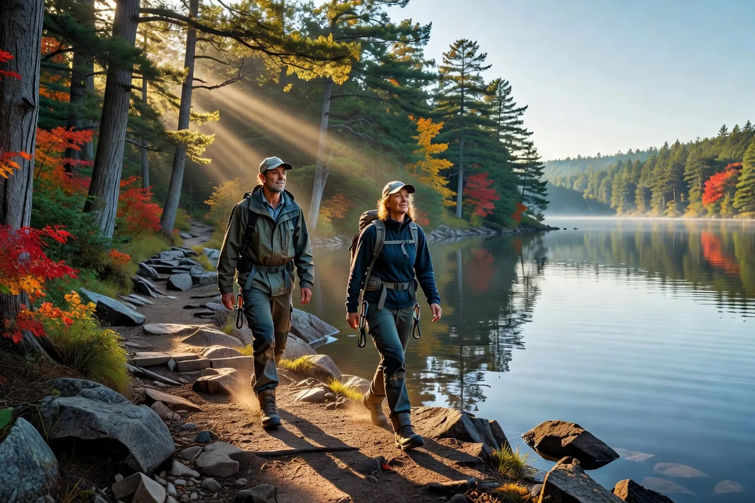 Hikers walking along the forested shoreline trail of Philippe Lake on the way to Lusk Cave