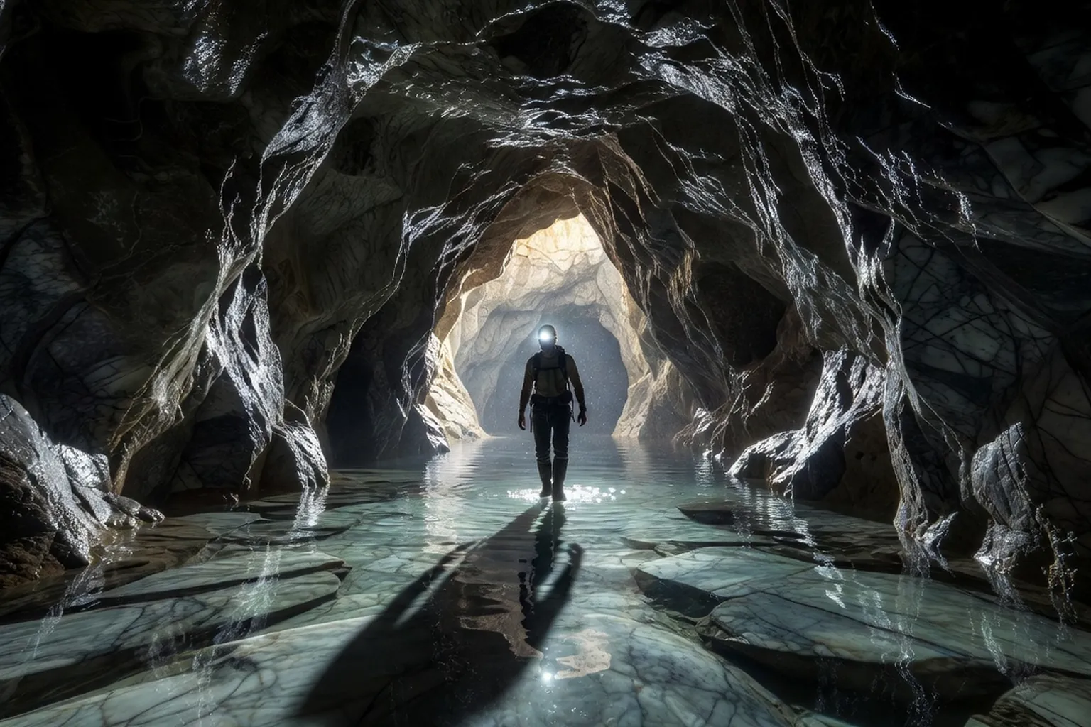 A hiker with a headlamp and helmet wading through the shallow stream inside the marble passage of Lusk Cave