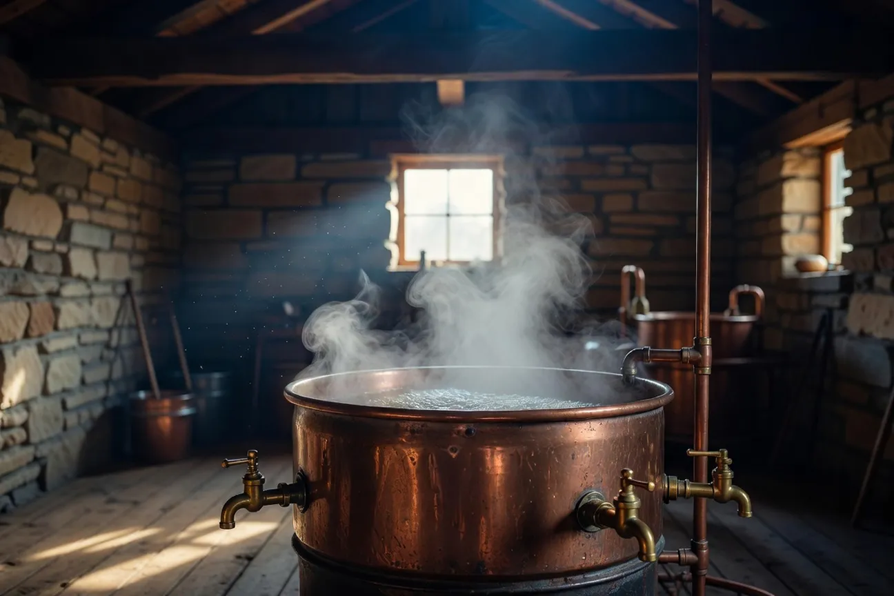 Steam rising from the evaporator during the maple sap boil at a sugar shack