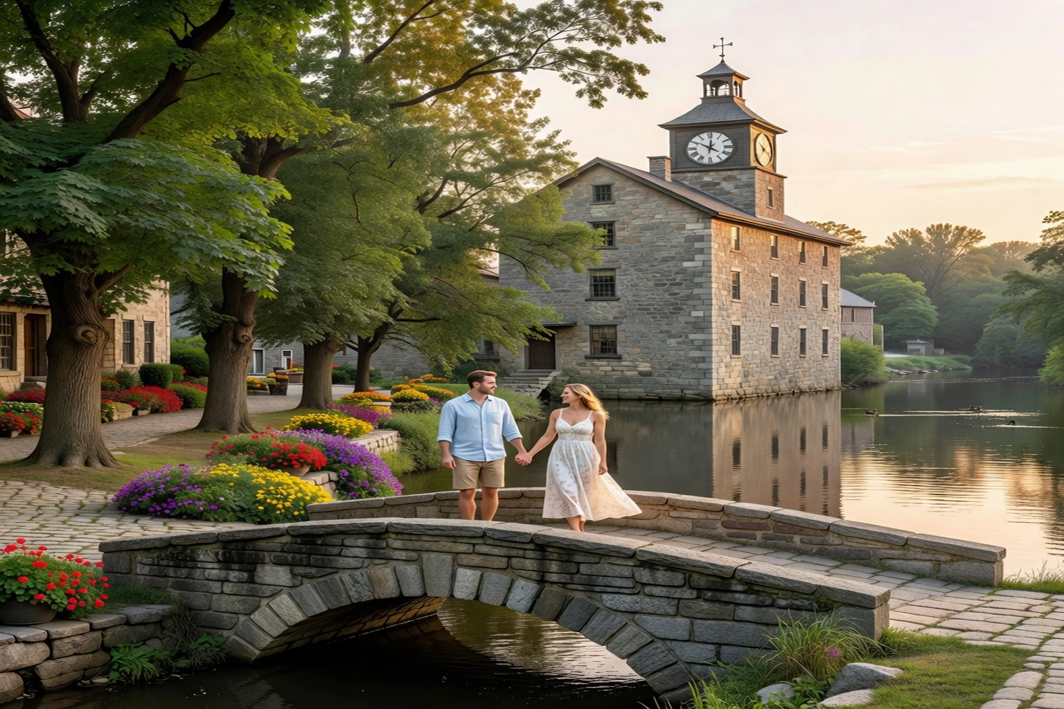 A couple walking across a stone footbridge over the Tay River in Perth, Ontario, with the historic Code's Mill building in the background