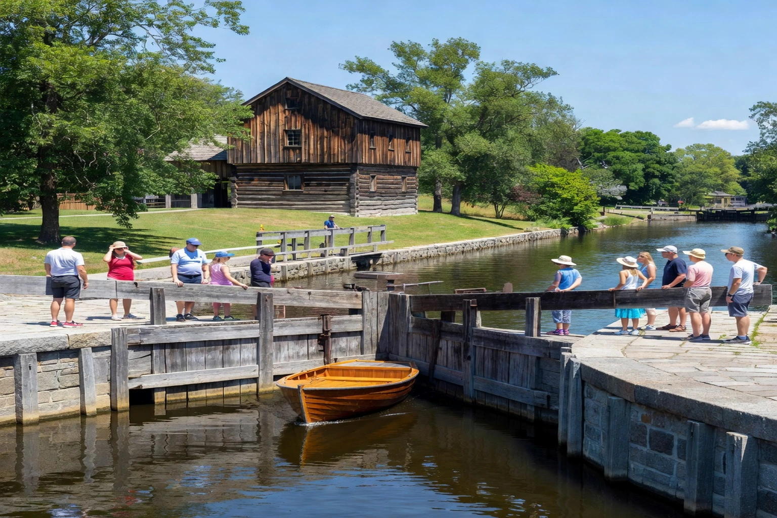 Visitors watching a leisure boat pass through the hand-cranked wooden locks of the Rideau Canal at Merrickville, with the 1830s blockhouse on the shoreline
