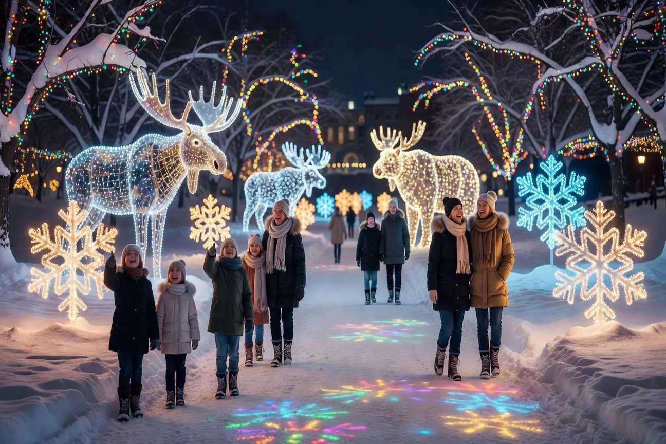 Illuminated holiday market stalls in downtown Ottawa at night