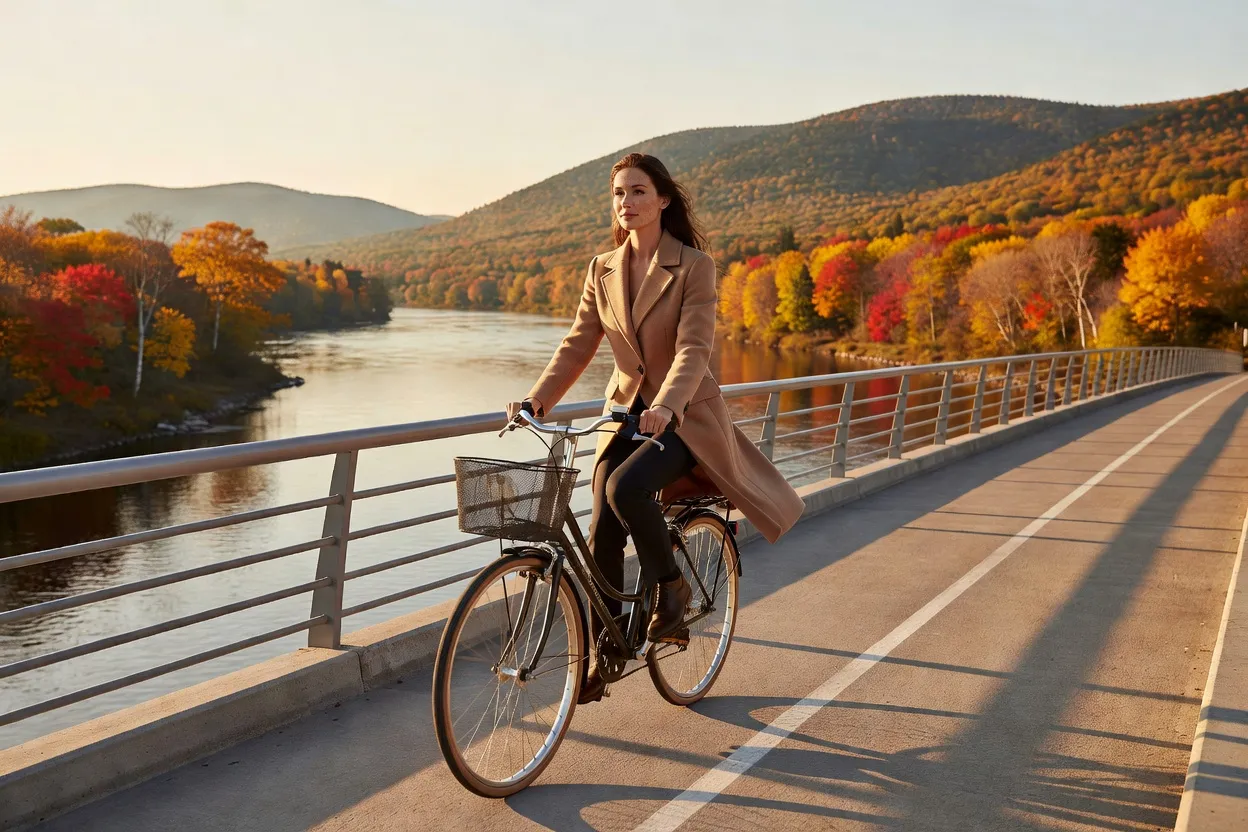 Cyclists crossing a pedestrian and cycling bridge over the Ottawa River toward Gatineau Park