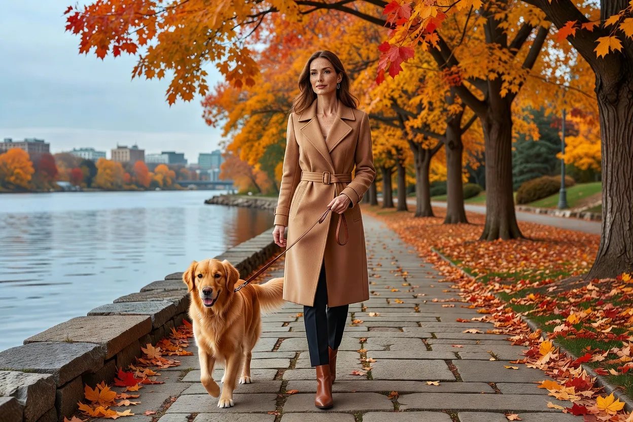 A dog owner walking a leashed dog along a paved riverside pathway in Ottawa