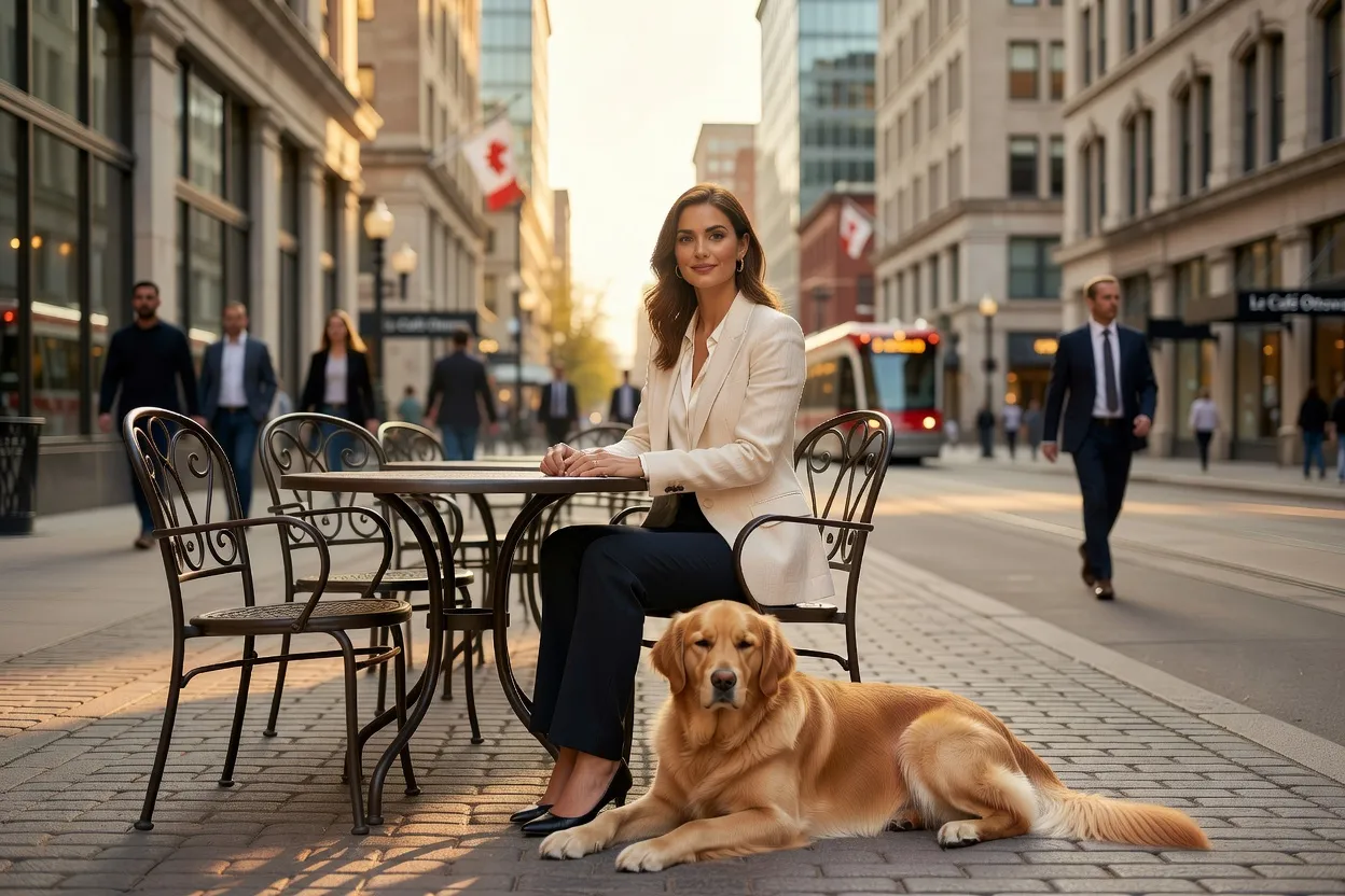 A dog resting beside its owner's chair at an outdoor patio table in Ottawa