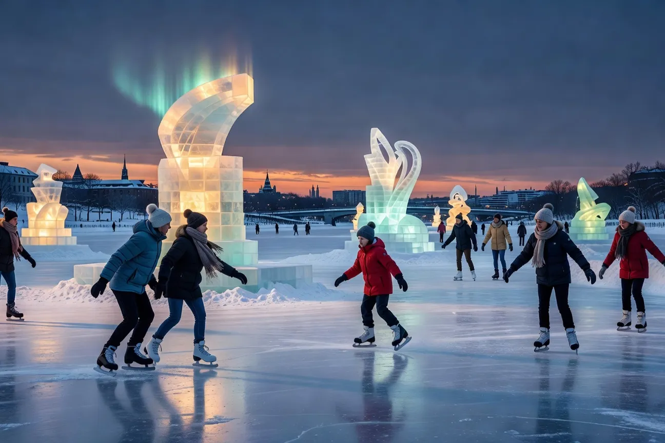 Illuminated ice sculptures along the Rideau Canal Skateway during Winterlude
