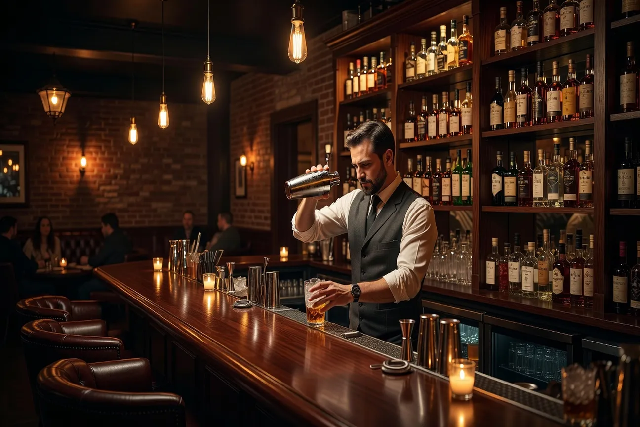 Craft cocktail bartender preparing a drink at a downtown Ottawa speakeasy-style lounge