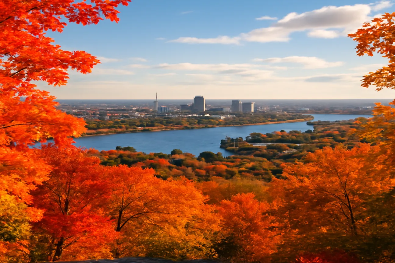 Panoramic view from the Gatineau lookout over the Ottawa river valley in fall