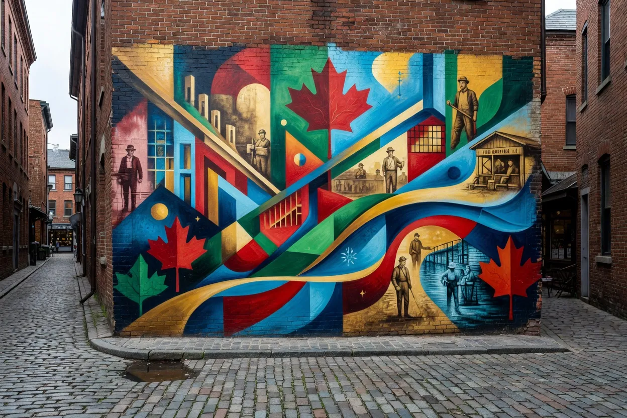 A colourful mural on a brick wall in a laneway in Ottawa's ByWard Market district