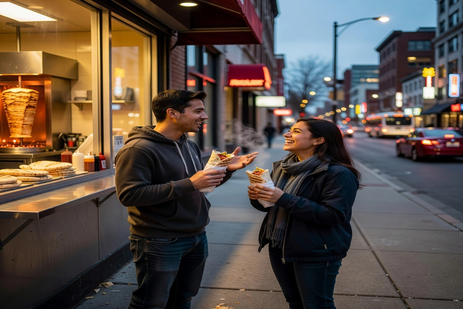 Two friends sharing shawarma wraps outside a brightly lit shawarma shop window on a downtown Ottawa street at night