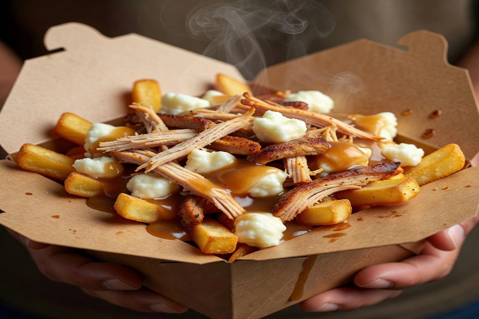 A takeout container of shawarma poutine with fries, cheese curds, gravy and shaved rotisserie chicken