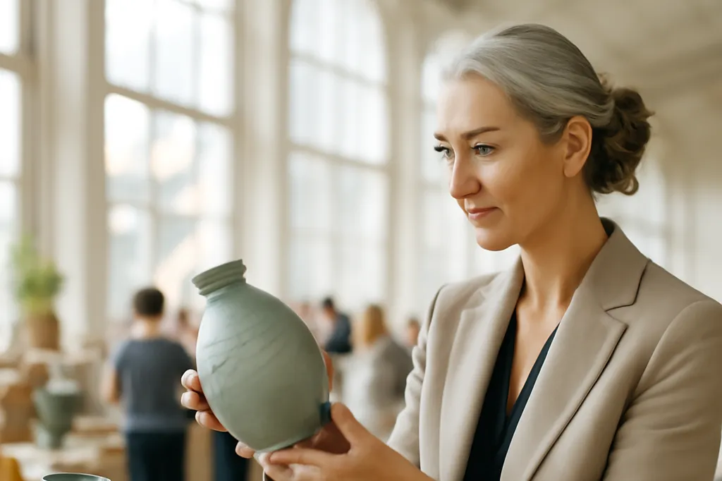 Elegant woman examining hand-thrown ceramic pottery at a wooden vendor table inside a bright exhibition hall craft market