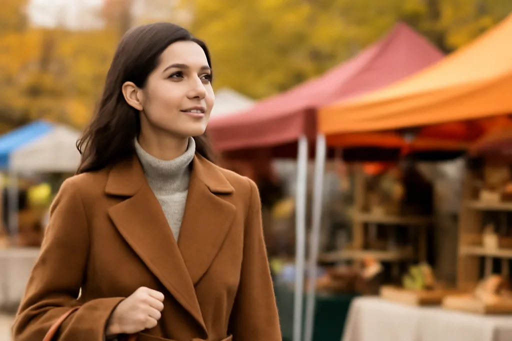 Stylish woman in a warm autumn coat carrying a woven market basket while walking past outdoor craft stalls at a Canadian artisan fair