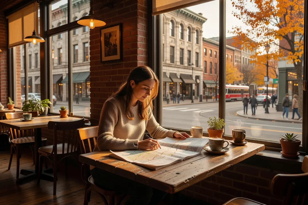 Solo traveler sitting at a café counter reading in downtown Ottawa