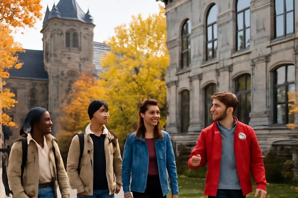 Prospective students and a guide walking on a university campus pathway in Ottawa in autumn