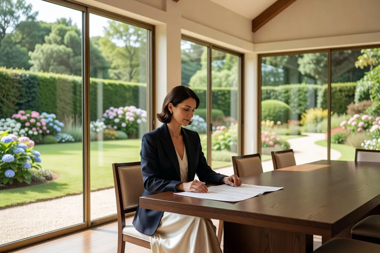 Stylish woman in a tailored blazer and elegant dress reviewing a wedding seating chart at a wooden table inside a bright venue with large windows overlooking a garden