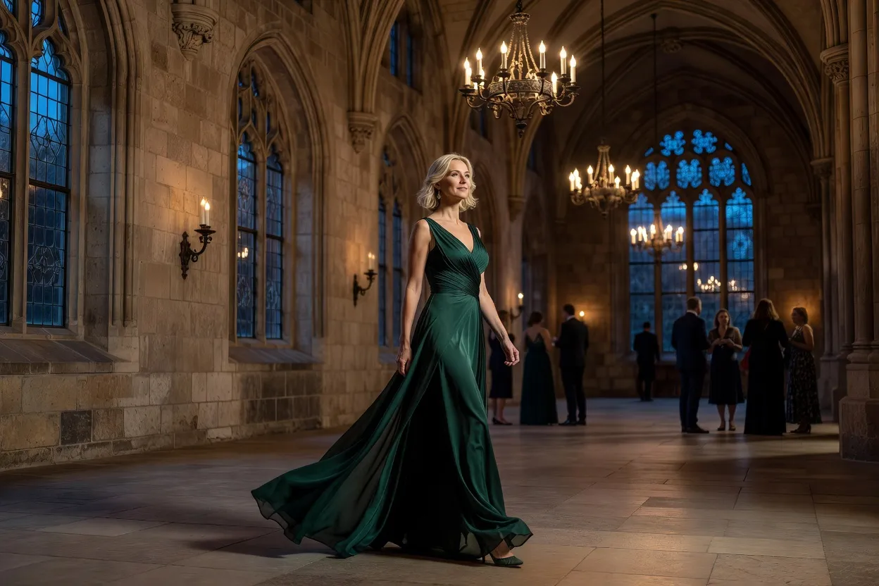 Elegant woman in a flowing evening dress walking through a softly lit historic stone building with tall arched windows during an evening wedding reception