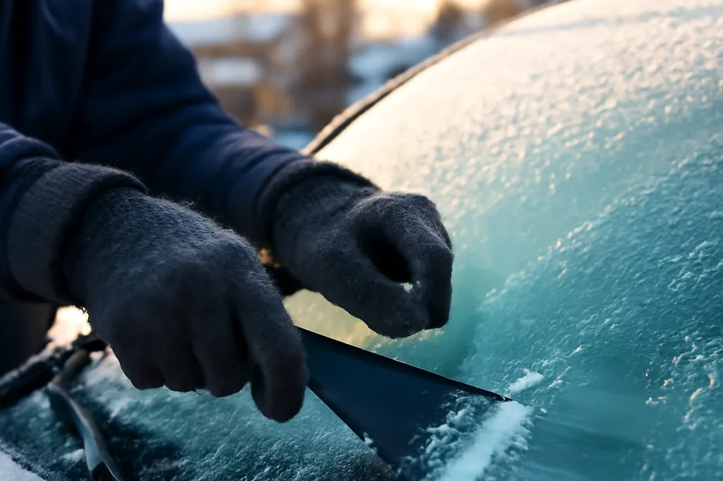 A car being scraped free of snow and ice in a parking lot during an Ottawa winter morning