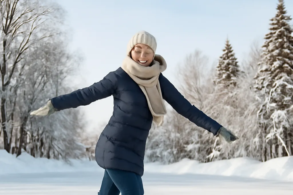 Woman in a fitted cream winter coat and knit hat skating gracefully on an outdoor refrigerated rink surrounded by snow-covered trees
