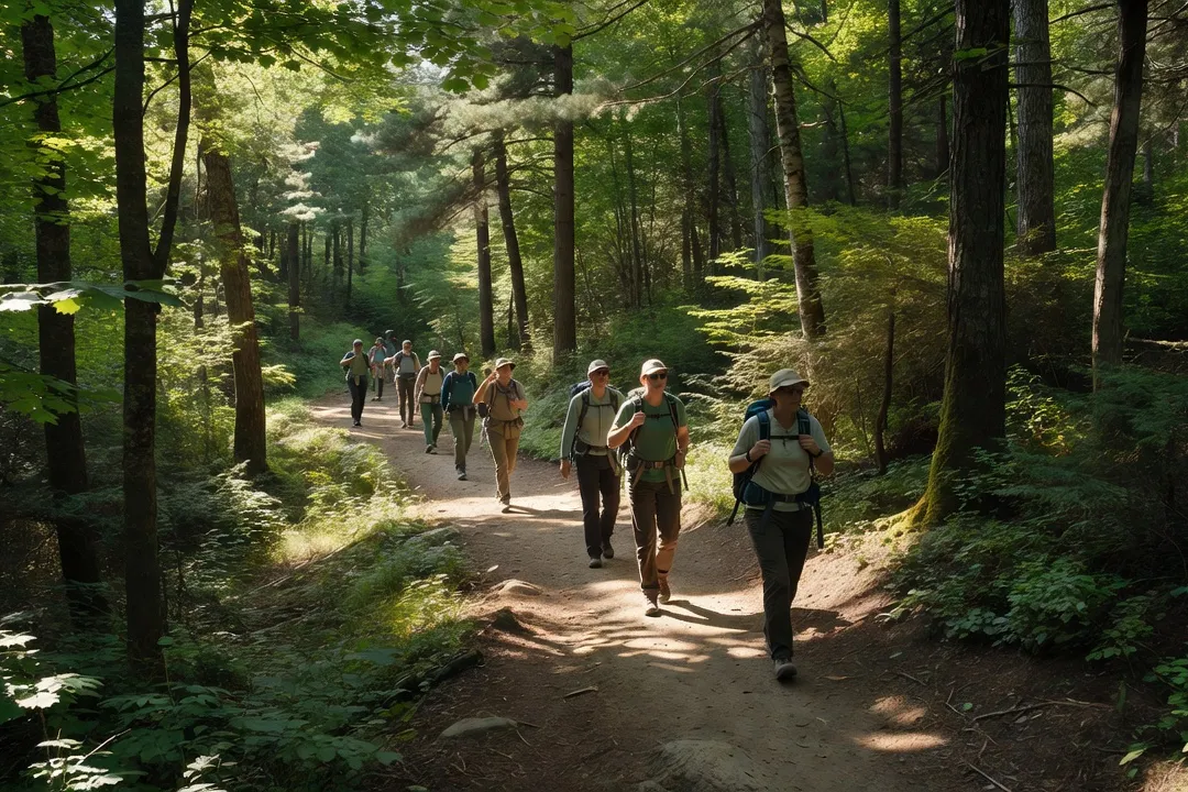 Hikers on a forest trail in a conservation area near Ottawa