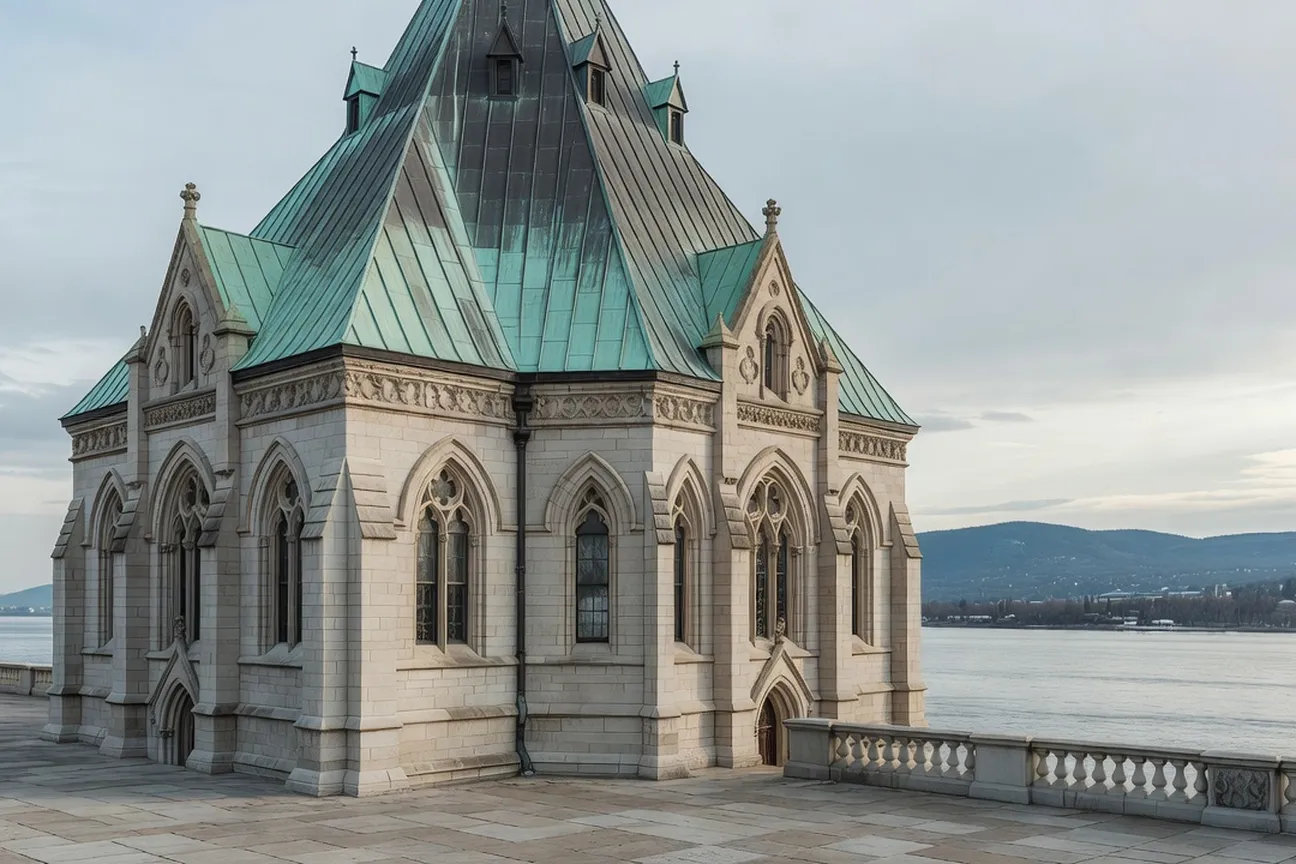 The polygonal Library of Parliament seen from the riverside terrace