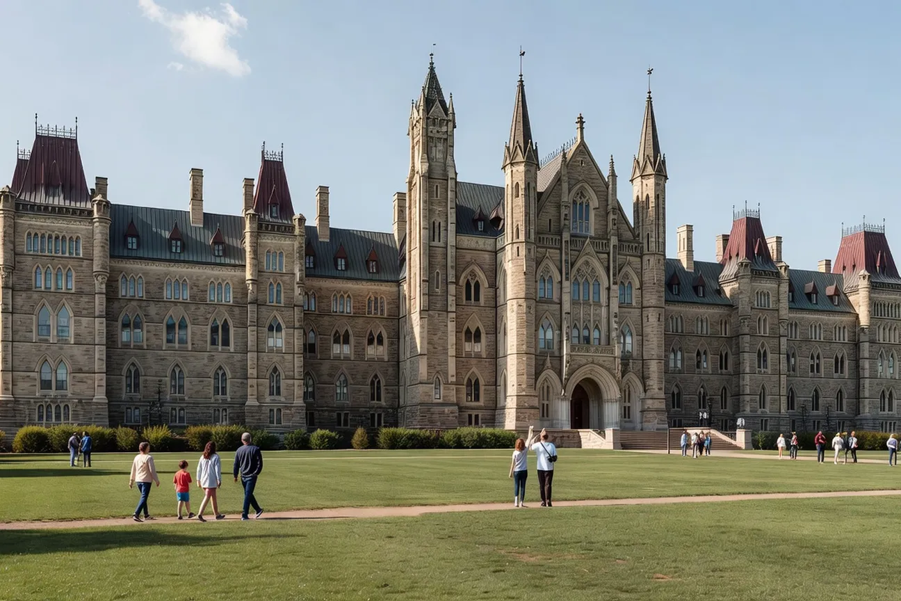 Visitors walking the grounds near the Gothic Revival East Block
